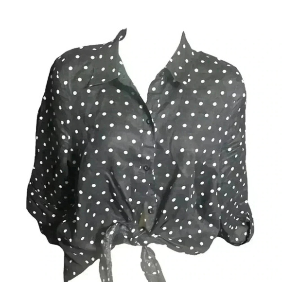 Chico’s Button Up Hi Low Top in Navy Blue with white Polka Dots - Picture 4 of 6